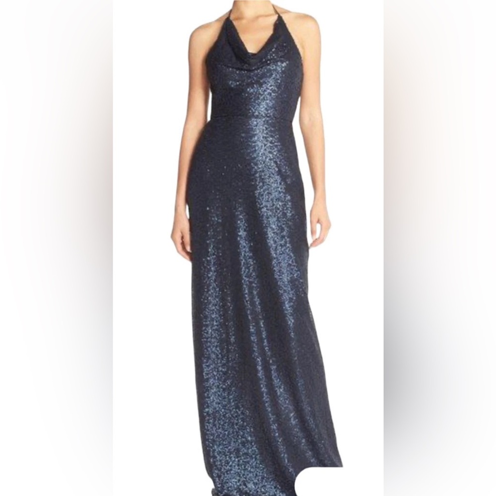 Amsale Navy Sequin Maxi Dress Sz 2 Cow Neck Open Back Bridesmaid